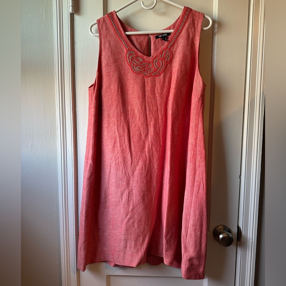 Coral Sleeveless Dress with Beaded Neckline